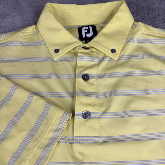 FootJoy Polo Shirt Mens Large Yellow Blue Striped Button Down Collar Golf Logo - Picture 2 of 10